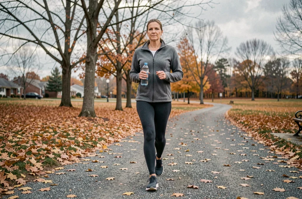 Femme de 45 ans marchant activement dans un parc en automne, symbolisant l'importance de l'activité physique dans la vie quotidienne avec le diabète de type 2