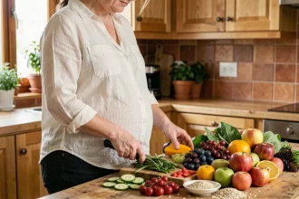 Femme enceinte dans une cuisine rustique arrangeant des fruits et légumes frais pour une alimentation équilibrée pendant la grossesse