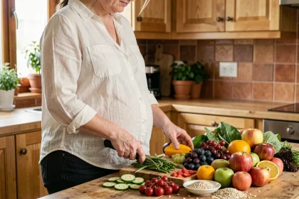 Femme enceinte dans une cuisine rustique arrangeant des fruits et légumes frais pour une alimentation équilibrée pendant la grossesse
