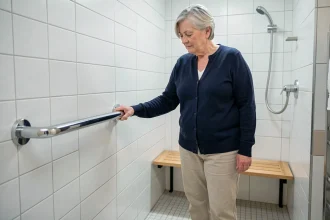 Femme âgée utilisant une barre d'appui dans une salle de bain aménagée pour prévenir la perte d'autonomie