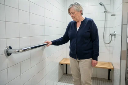 Femme âgée utilisant une barre d'appui dans une salle de bain aménagée pour prévenir la perte d'autonomie