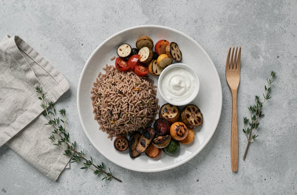 Assiette équilibrée de riz complet avec légumes rôtis vue du dessus sur table en béton
