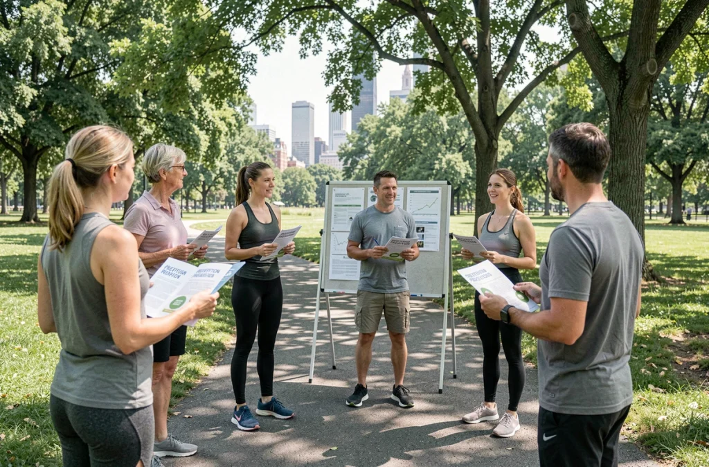 Groupe de participants à un atelier de prévention des maladies chroniques animé par un éducateur en santé dans un parc urbain