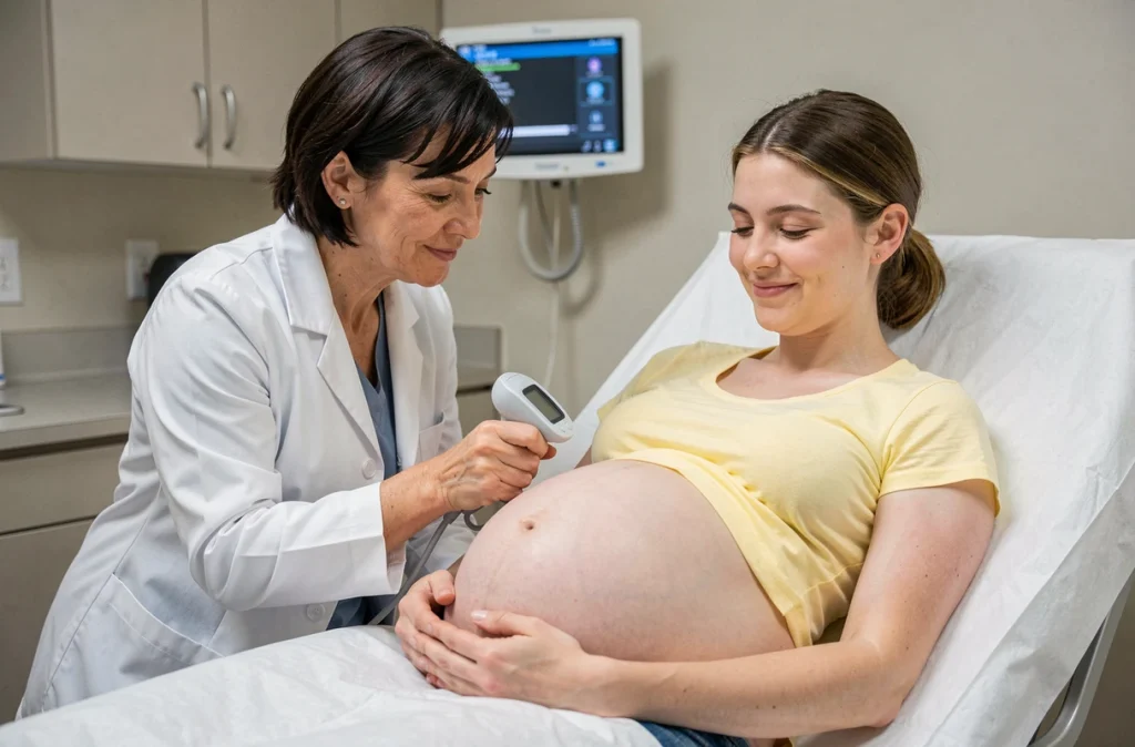 Sage-femme réalisant une auscultation du rythme cardiaque fœtal sur une femme enceinte en salle d'examen