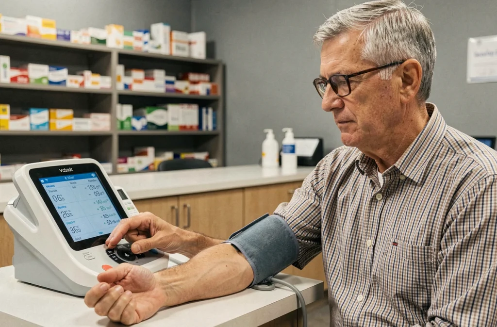 Homme de 65 ans mesurant sa tension artérielle dans une pharmacie lors d'un bilan cardiovasculaire
