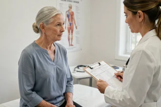 Femme de 60 ans en consultation médicale avec une médecin pour un bilan de santé annuel