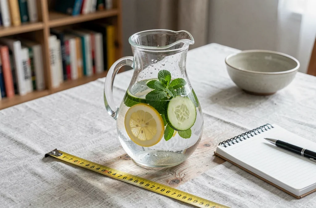 Carafe d'eau infusée au concombre et citron sur table en bois avec mètre ruban, symbolisant hydratation et minceur