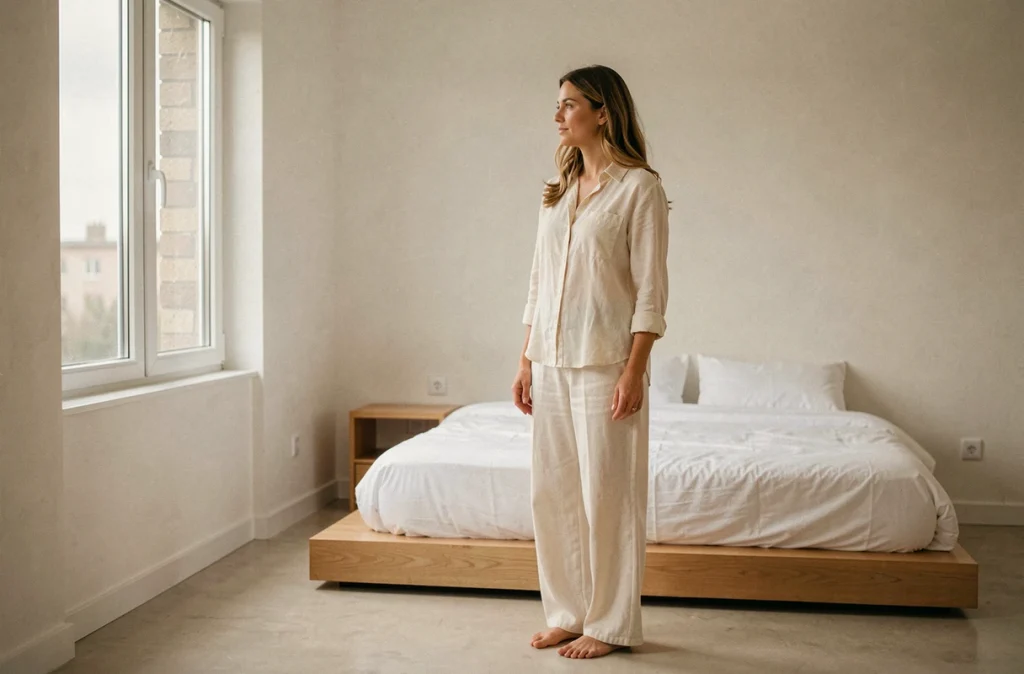 Femme sereine dans une chambre épurée minimaliste aux tons neutres, favorisant le calme et la clarté mentale
