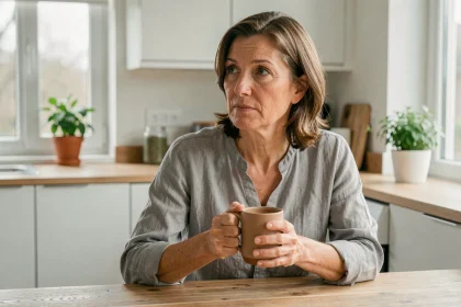 Femme d'une quarantaine d'années assise dans une cuisine moderne, tenant une tasse, illustrant les changements hormonaux liés à la ménopause