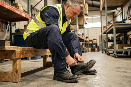 Ouvrier enfilant une chaussure de sécurité en cuir noir dans un atelier industriel, illustrant le port de chaussures adaptées au pied égyptien