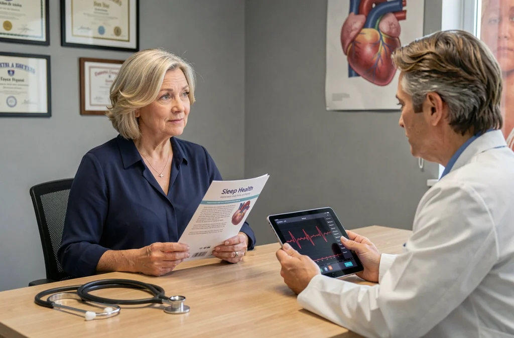 Femme en consultation cardiologique discutant de l'impact du sommeil sur la prévention des maladies cardiovasculaires avec son médecin