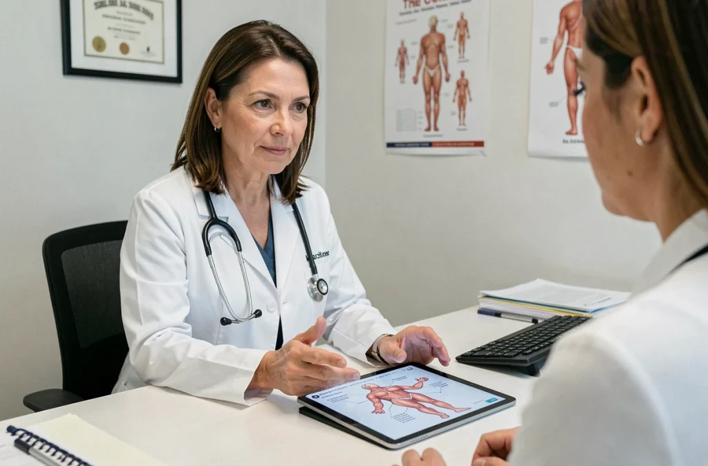 Gynécologue en consultation expliquant un diagnostic à sa patiente avec une tablette affichant un schéma anatomique