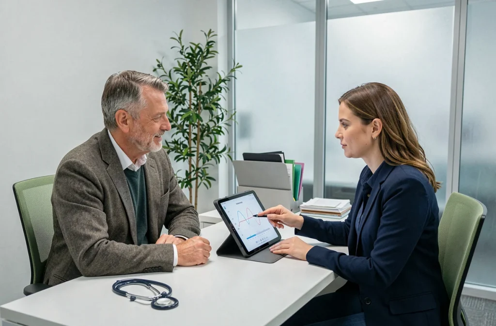 Consultation médicale pour l'asthme adulte avec un pneumologue expliquant les résultats d'une spirométrie à un patient