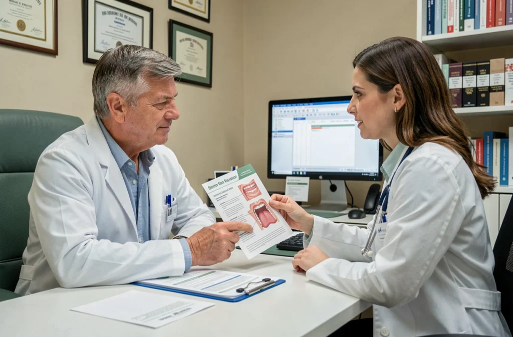 Consultation médicale sur le cancer de la langue, médecin expliquant les causes d'une langue marron à un patient