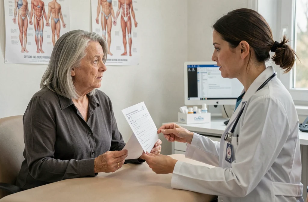 Femme de 60 ans en consultation médicale avec son médecin généraliste, discutant du suivi et de l'impact du diabète de type 2 sur sa vie quotidienne