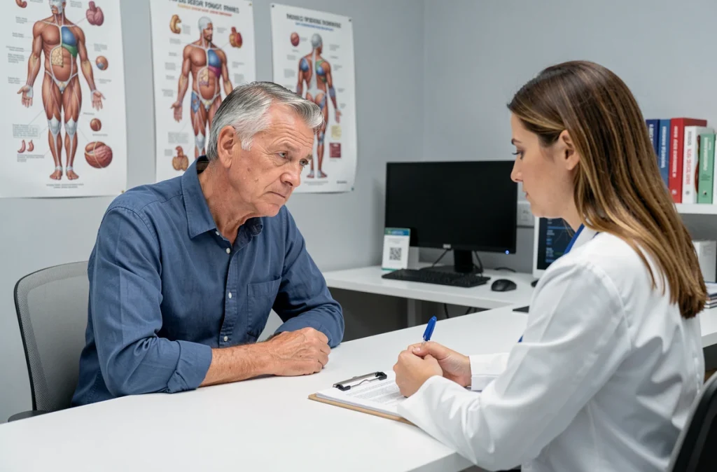 Patient fatigué en consultation médicale discutant de ses symptômes de fibromyalgie avec un médecin