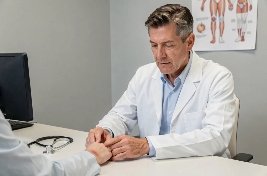 Médecin généraliste examinant une éruption cutanée caractéristique de la maladie de Lyme lors d'une consultation