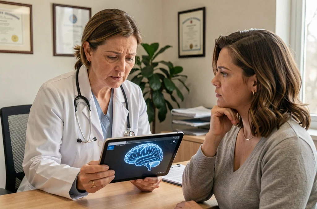 Neurologue présentant les résultats d'un scanner cérébral à une patiente lors d'une consultation sur la sclérose en plaques