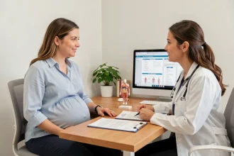 Femme enceinte en consultation prénatale avec une sage-femme dans un cabinet médical moderne