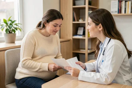 Femme enceinte en consultation prénatale avec une médecin dans un cabinet moderne, examinant des documents de santé ensemble