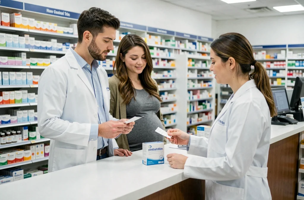 Couple attendant une ordonnance de vitamines prénatales au comptoir d'une pharmacie avec une pharmacienne