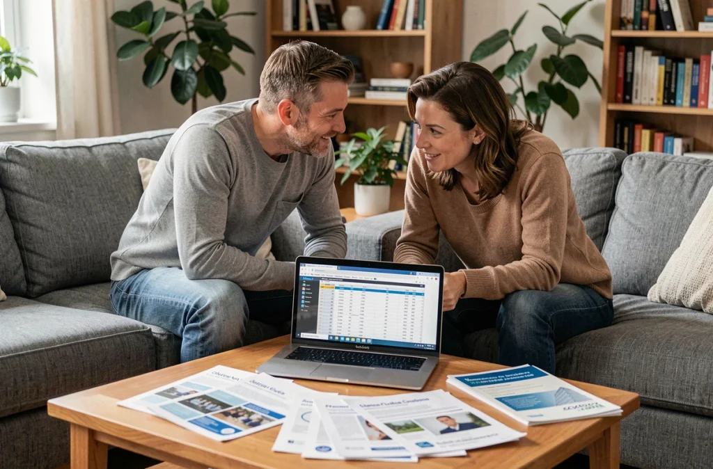 Couple étudiant ensemble des brochures d'assurance ECA dans leur salon pour évaluer le rapport qualité-prix