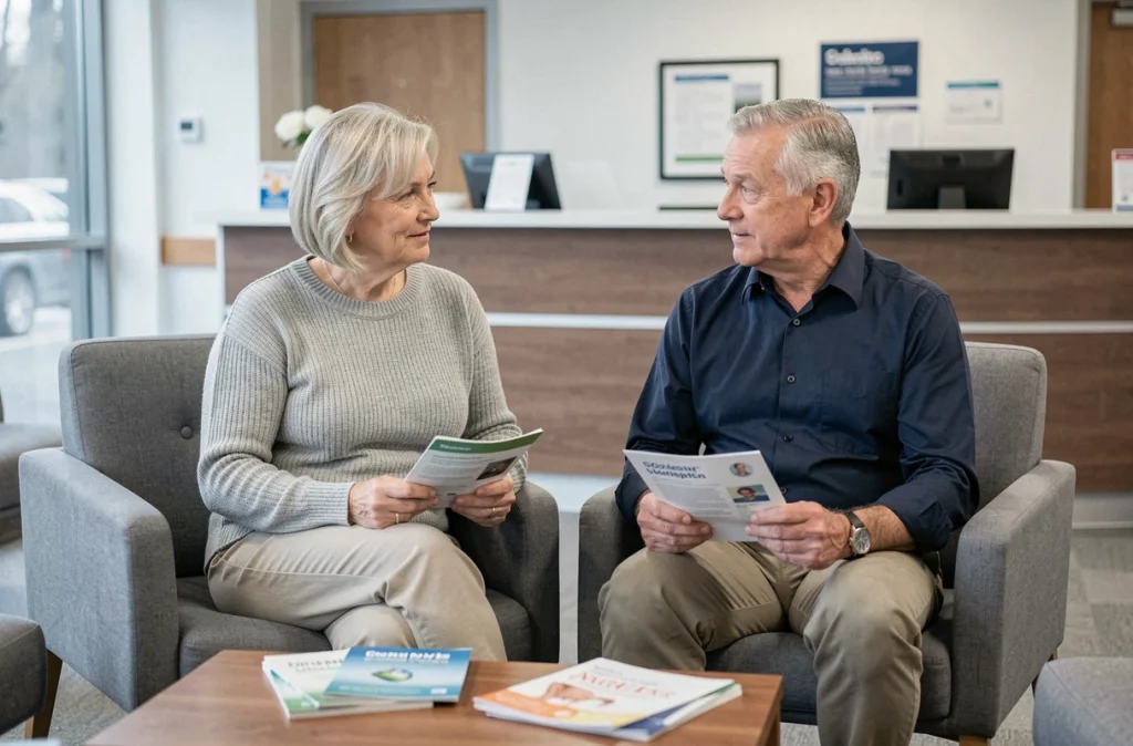 Couple de seniors dans une salle d'attente médicale consultant leurs carnets de santé avant un bilan médical