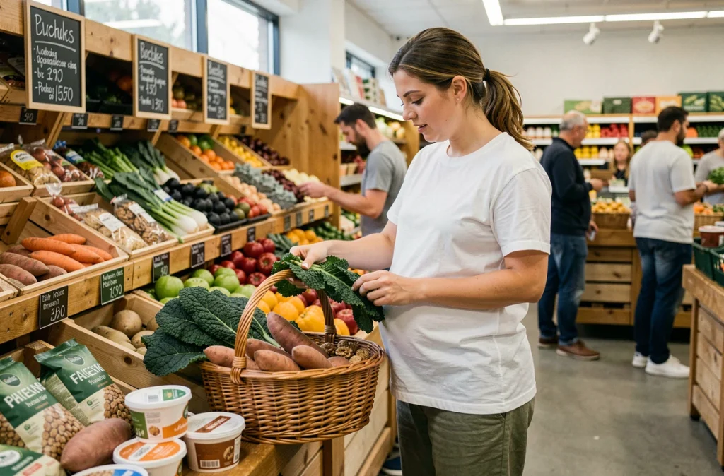 Femme enceinte faisant ses courses dans une épicerie bio, choisissant des légumes feuillus et aliments nutritifs pour une grossesse saine