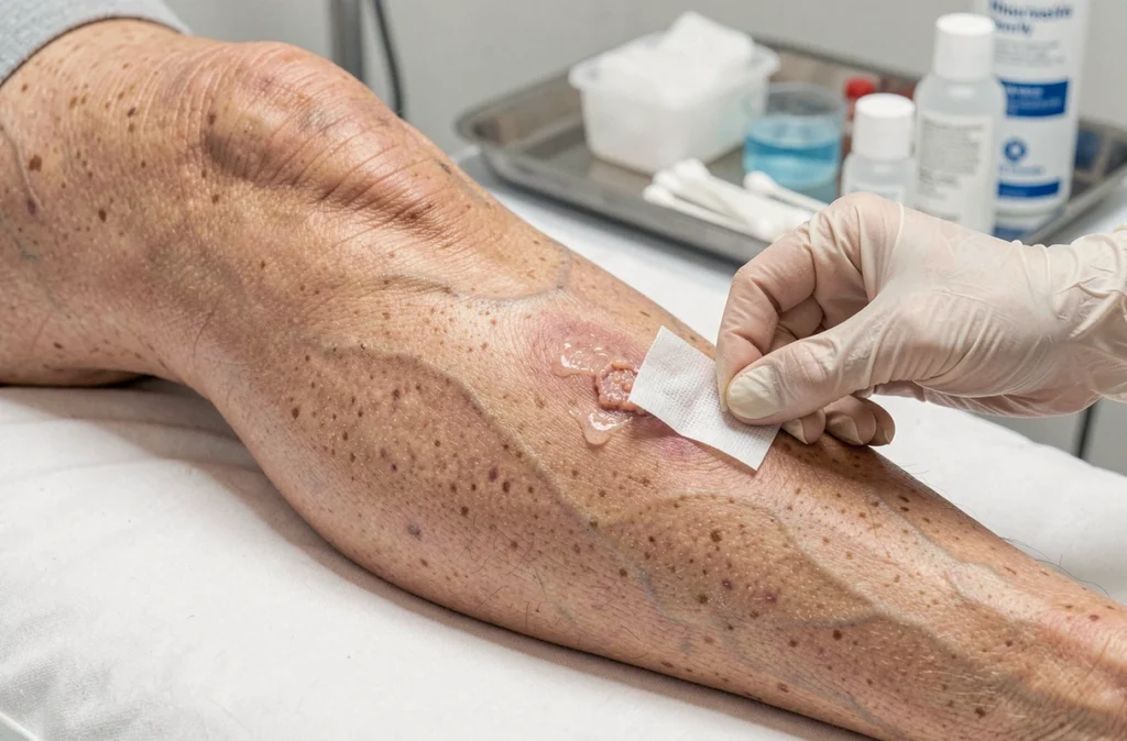 Détail d'une plaie chirurgicale avec dépôt de fibrine sur la jambe d'une personne âgée lors d'un pansement