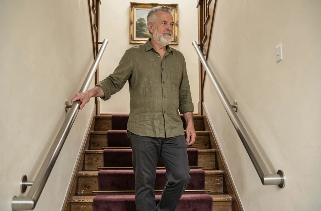Senior utilisant un double main courante sur un escalier aménagé pour maintenir l'autonomie à domicile