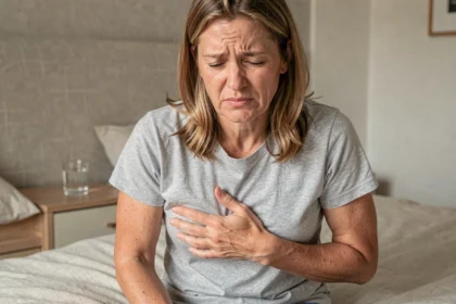 Femme tenant son côté droit sous les côtes, grimace de douleur évoquant une colique hépatique