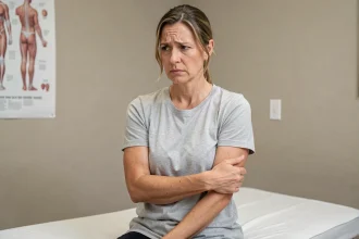 Femme ressentant une douleur sous l'aisselle gauche et palpant une boule lors d'une consultation médicale