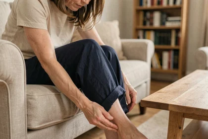 Femme d'âge mûr examinant sa veine saphène sur son mollet intérieur, assise dans un salon au décor neutre