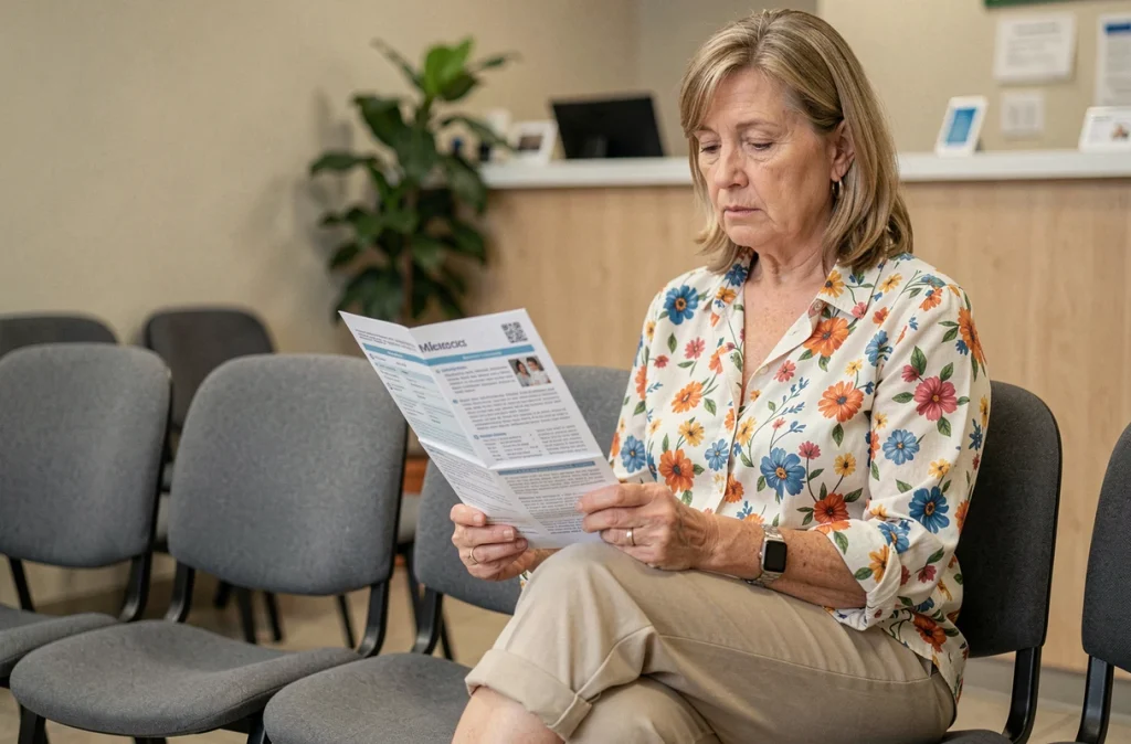 Femme senior en salle d'attente médicale consultant une brochure sur les problèmes de veine saphène et douleurs veineuses