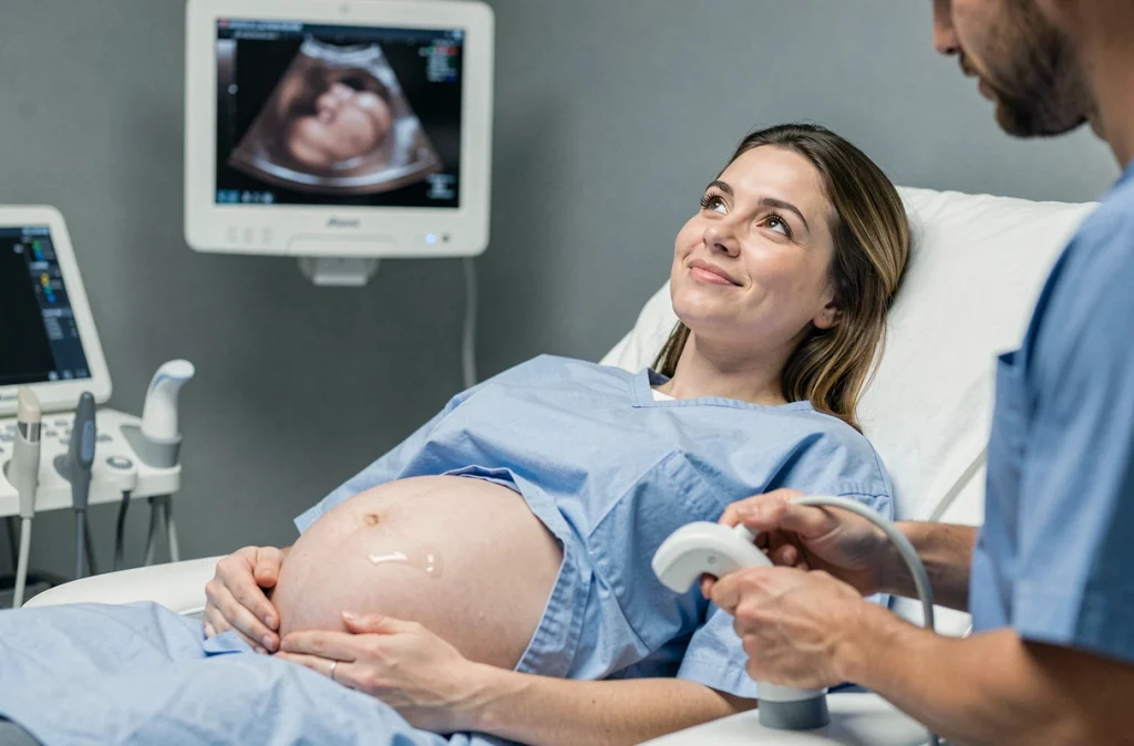 Femme enceinte lors d'une échographie obstétricale, allongée sur une table d'examen avec une technicienne en salle de radiologie