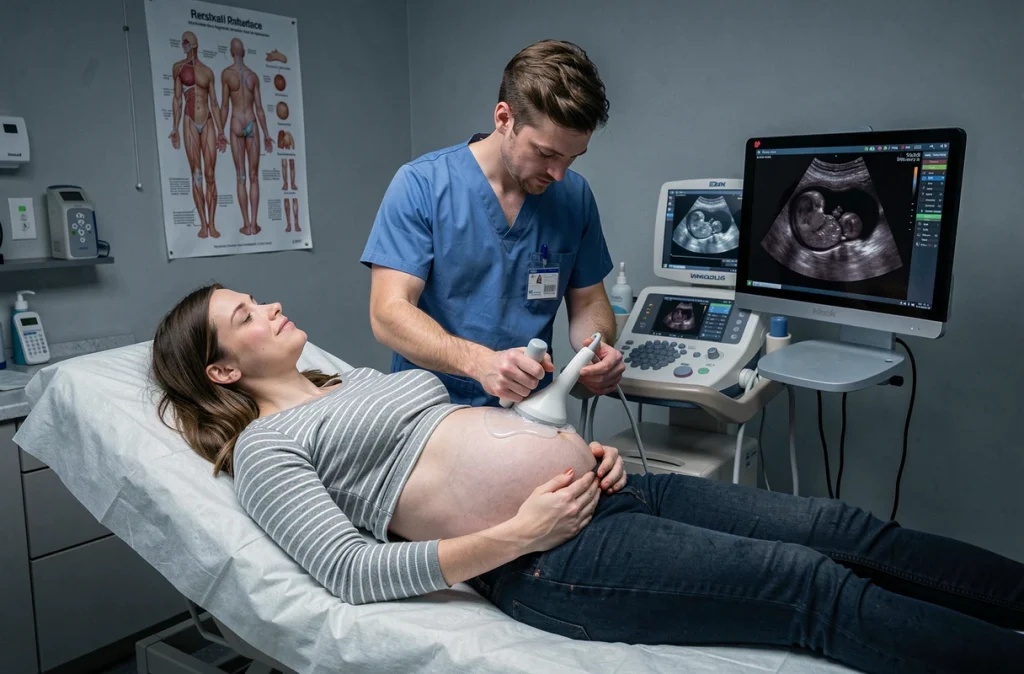 Échographie obstétricale lors d'une consultation obligatoire de suivi de grossesse