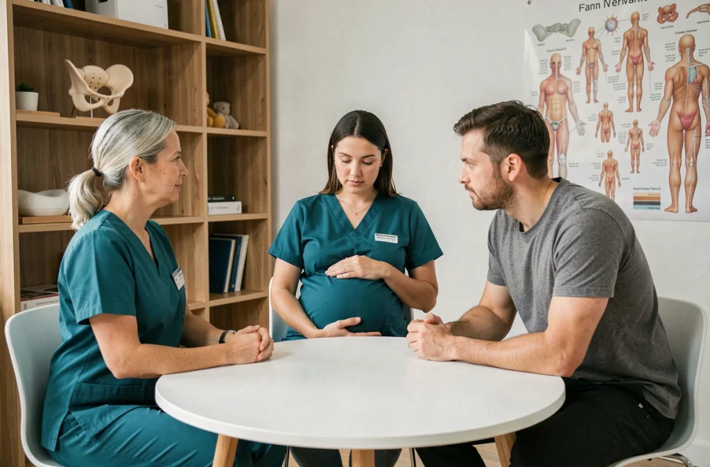 Sage-femme animant une séance d'éducation prénatale avec un couple attendant un enfant