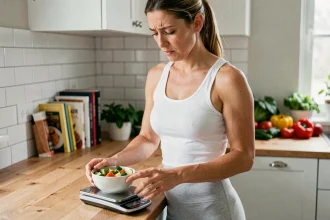 Femme pesant ses aliments sur une balance de cuisine pour contrôler son alimentation lors d'un régime amaigrissant
