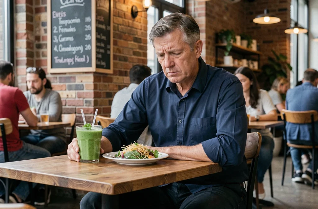 Homme découragé devant un repas diététique strict dans un café, illustrant les erreurs psychologiques liées aux régimes trop restrictifs