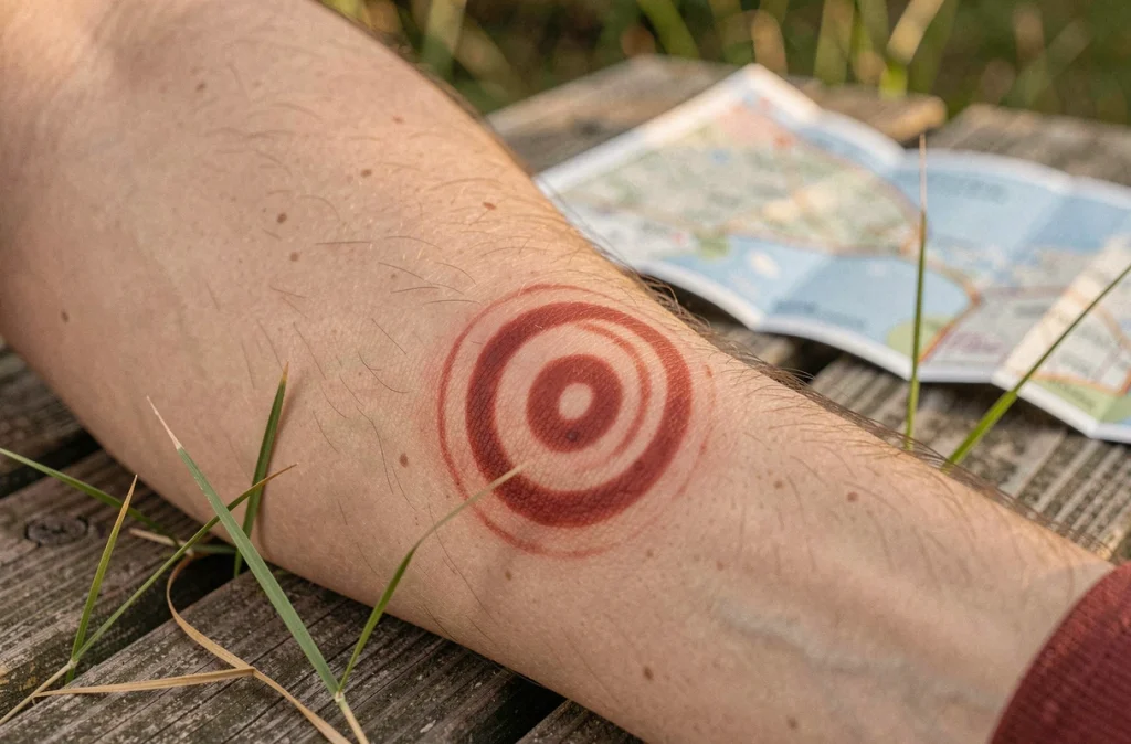 Gros plan d'une éruption en cocarde sur l'avant-bras, symptôme caractéristique et précoce de la maladie de Lyme