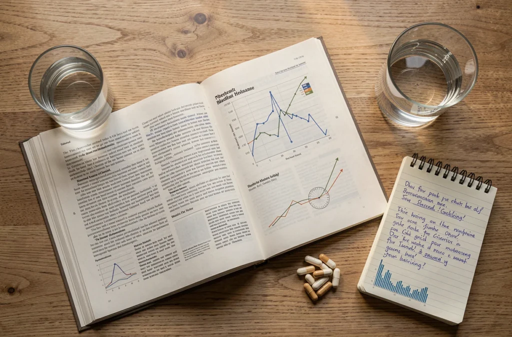 Journal scientifique ouvert avec des capsules de complément minceur et des notes manuscrites sur un bureau en bois