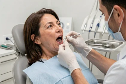 Examen de la langue par un dentiste en cabinet, détectant une anomalie brun-marron sur la muqueuse buccale