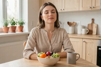 Femme sereine devant un bol de fruits frais et céréales dans une cuisine nordique, illustrant l'énergie mentale apportée par une alimentation équilibrée
