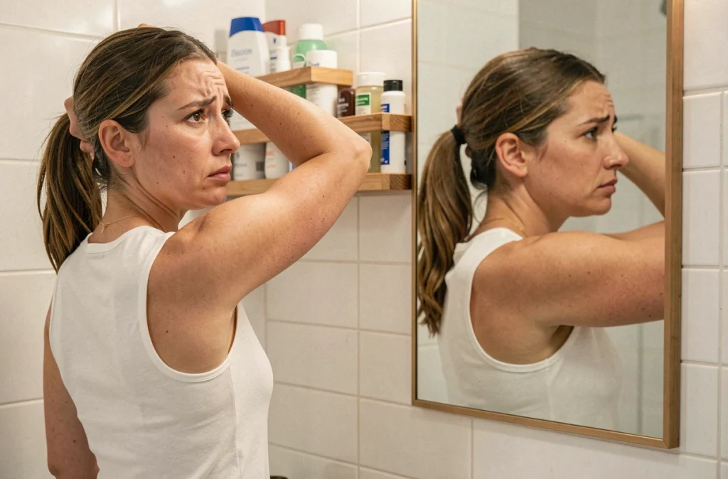 Femme inspectant son aisselle gauche devant le miroir de la salle de bain après avoir senti une boule suspecte