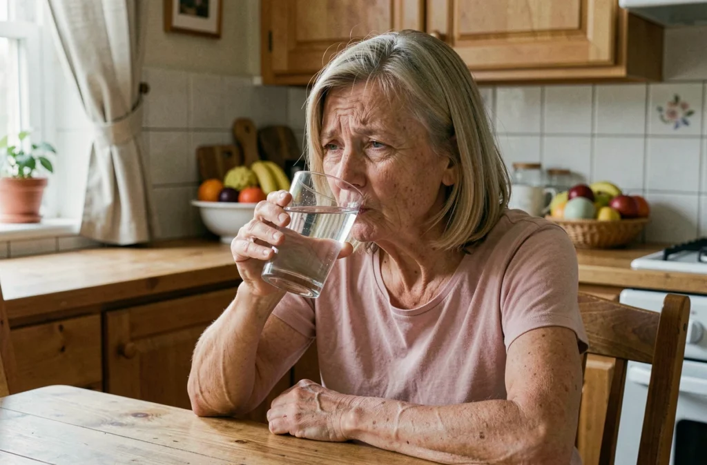Femme âgée buvant de l'eau à domicile souffrant de bouche sèche après radiothérapie ORL