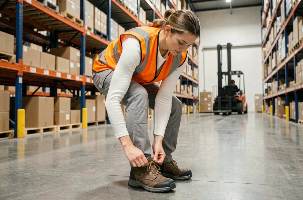 Femme ajustant ses chaussures de sécurité à large empan dans un entrepôt logistique, pour illustrer le confort au travail avec un pied égyptien