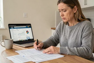 Femme consultant des documents d'assurance ECA à la maison pour comparer les offres et optimiser son budget