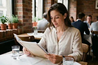 Femme qui consulte attentivement un menu de restaurant pour faire des choix alimentaires équilibrés