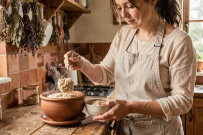 Femme versant du riz complet cuit dans un bol en céramique dans une cuisine rustique chaleureuse