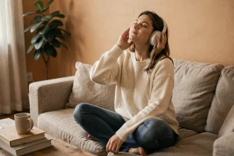 Femme détendue sur un canapé en lin portant un casque audio après une longue journée de travail